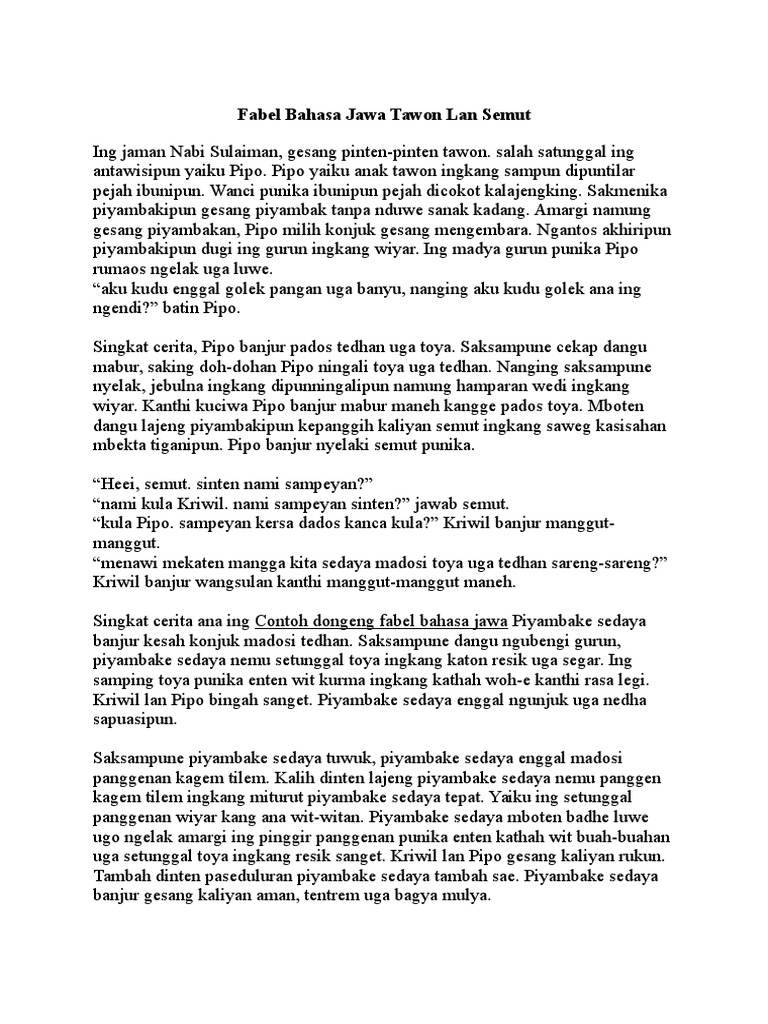 Fabel Bahasa Jawa Tawon Lan Semut
