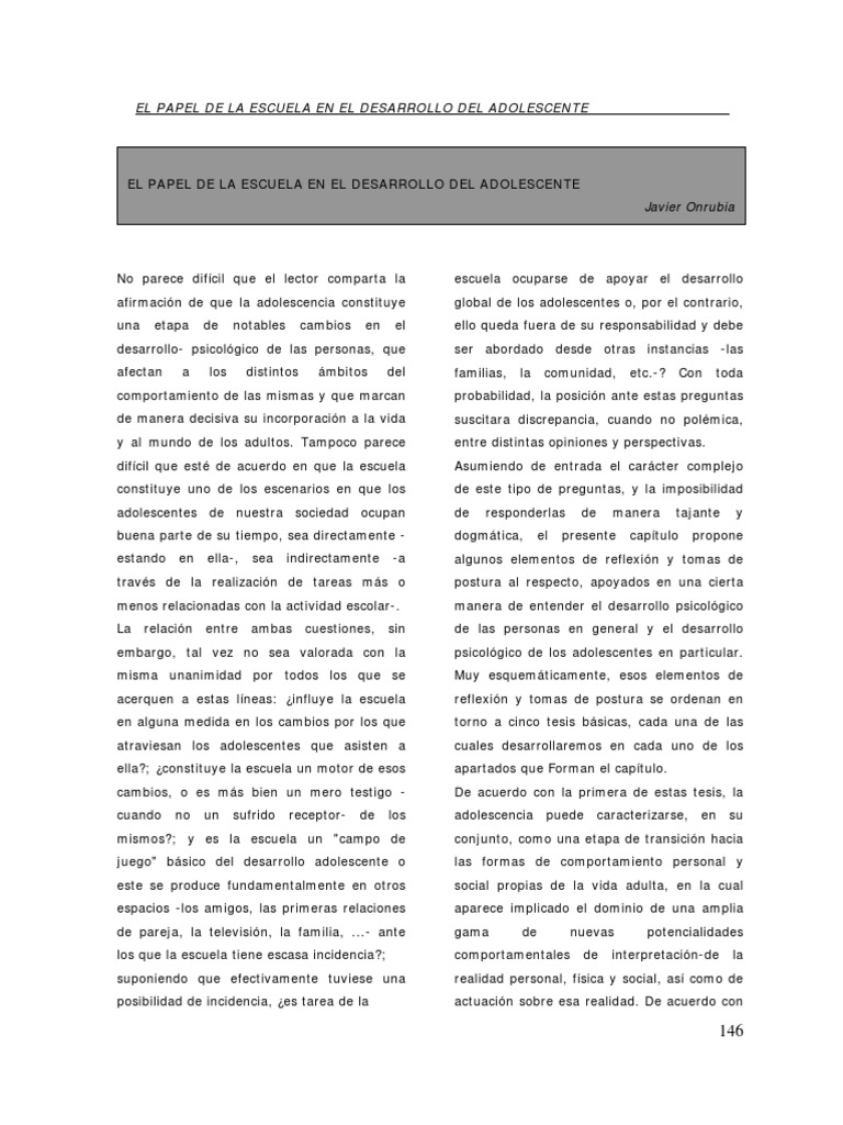El Papel de La Escuela en El Desarrollo Del Adolescente, Onrubia Javier ...