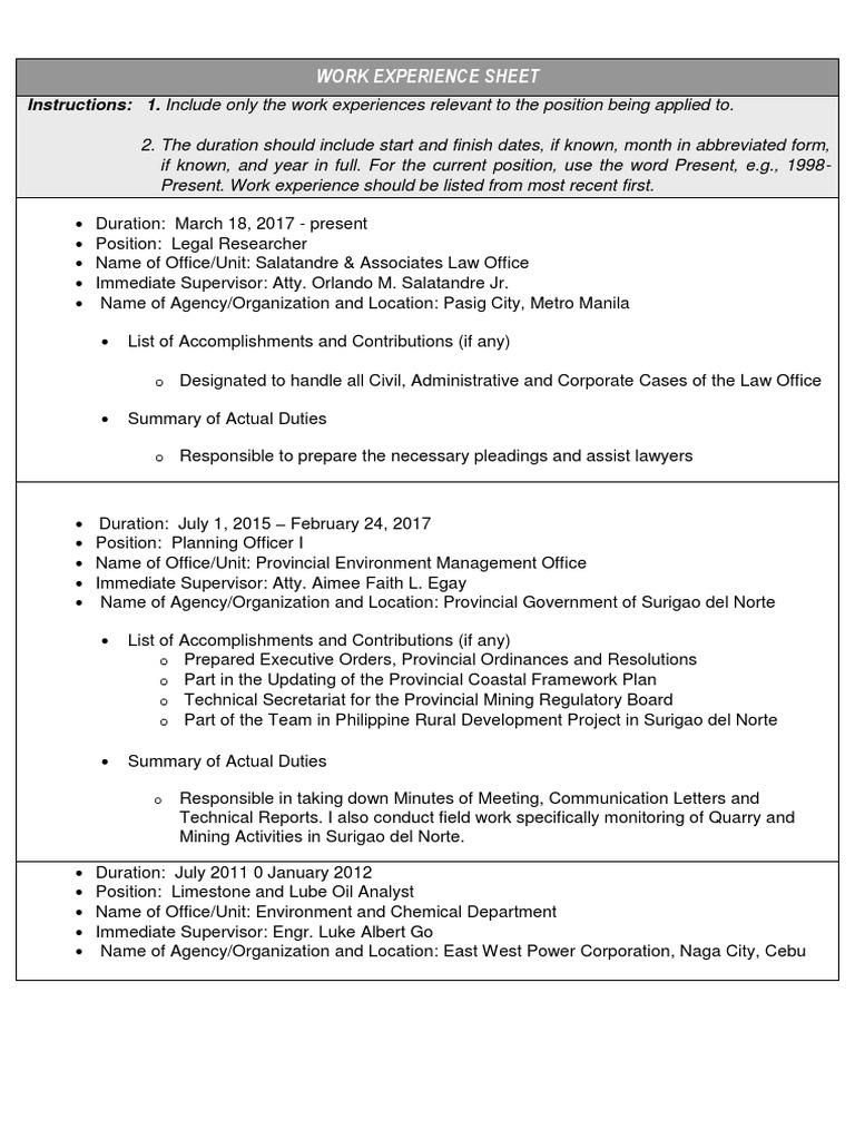 Cs form no 212 attachment work experience sheet chemical