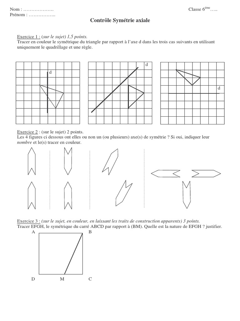 Exercice Symétrie Axiale 6ème Avec Corrigé