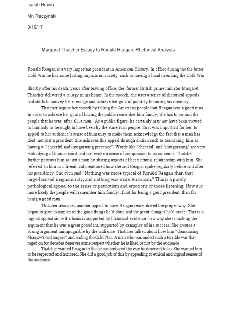 An Analysis Of Margaret Thatchers Eulogy
