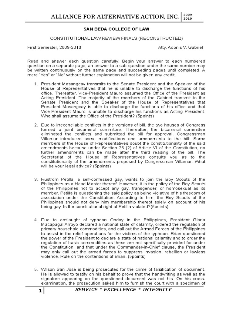 Constitutional Law Review Questions 2009-2010 | PDF | Supreme Court Of ...