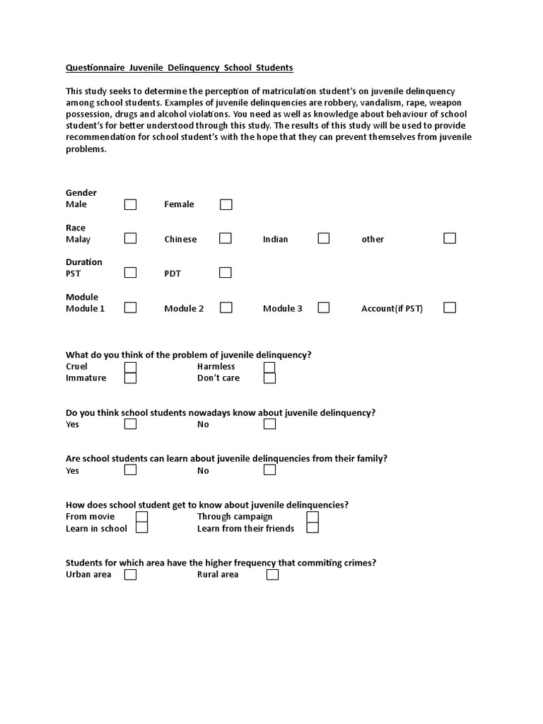 Questionnaire Juvenile Delinquency School Students Juvenile