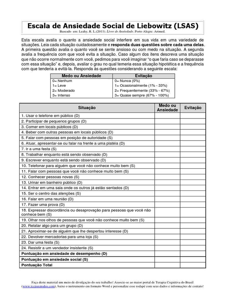 LSAS | PDF | Ansiedade | Psicologia