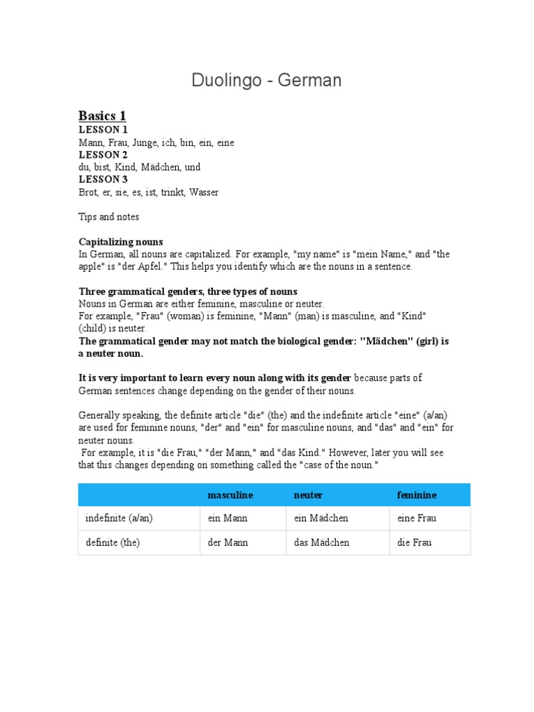 Duolingo German Basics Vocabulary Guide | PDF | Grammatical Gender | Noun