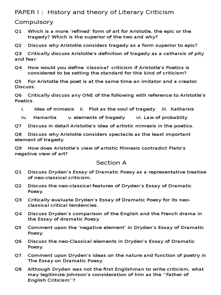 PAPER I History and Theory of Literary Criticism Compulsory PDF