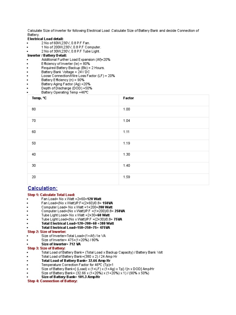 Calculation:: Electrical Load Detail | PDF | Battery (Electricity ...