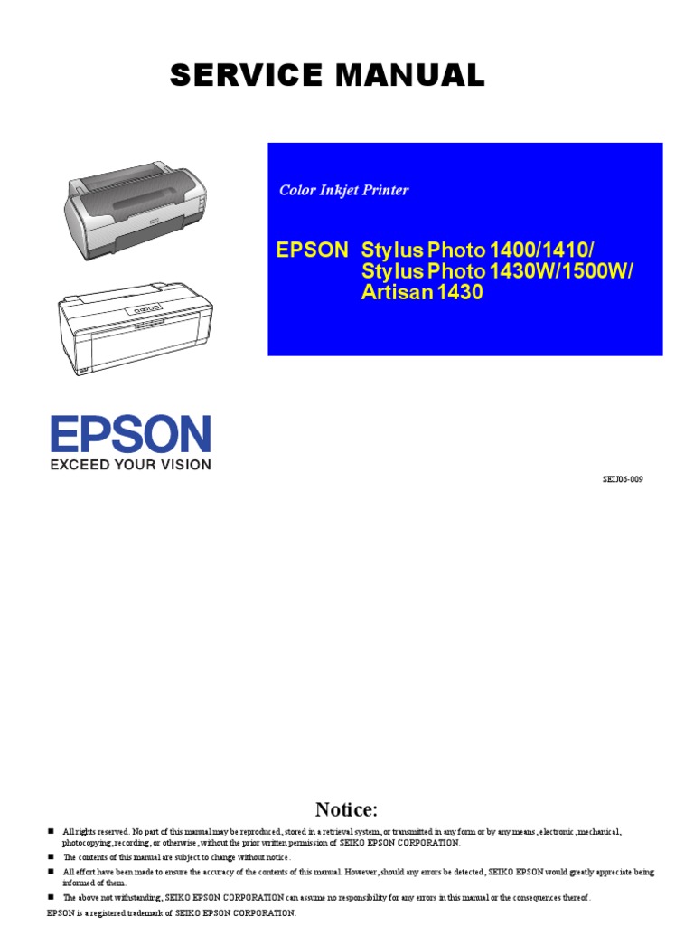 Service Manual Stylusphoto 1400 1410 1430w 1500w Artisan 1430 | Printer  (Computing) | Office Equipment