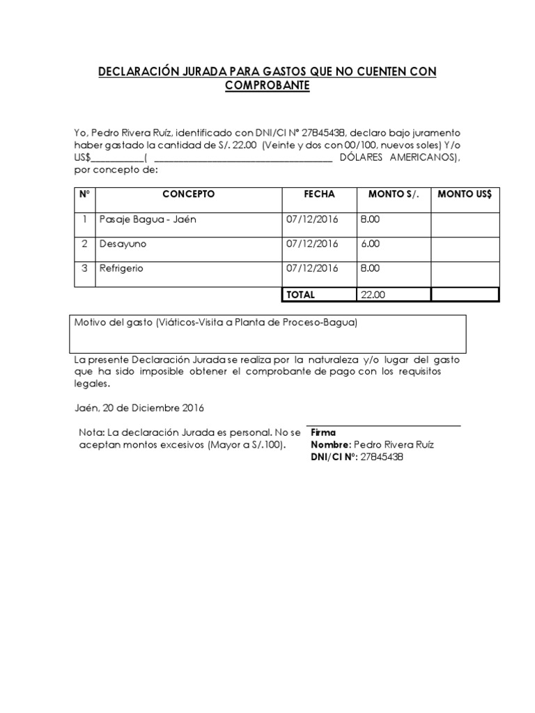 Declaración Jurada de Gastos | PDF | Business