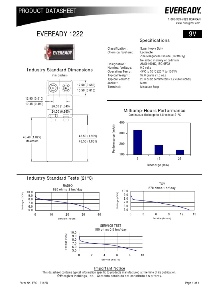 Eveready 1222: Product Datasheet | PDF | Electrical Components ...