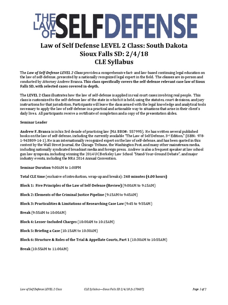Law of Self Defense LEVEL 2 Class South Dakota Sioux Falls SD 2/4/18