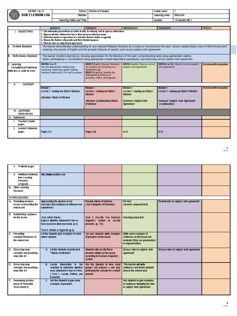 Dll Grade 7 Lesson 1 Quarter 1 Subject Grammar Proverb