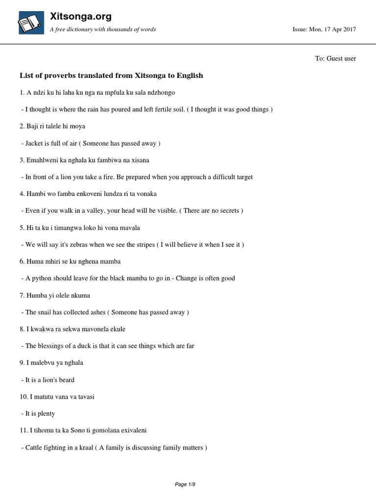 List of Proverbs Translated From Xitsonga To English A Free Dictionary