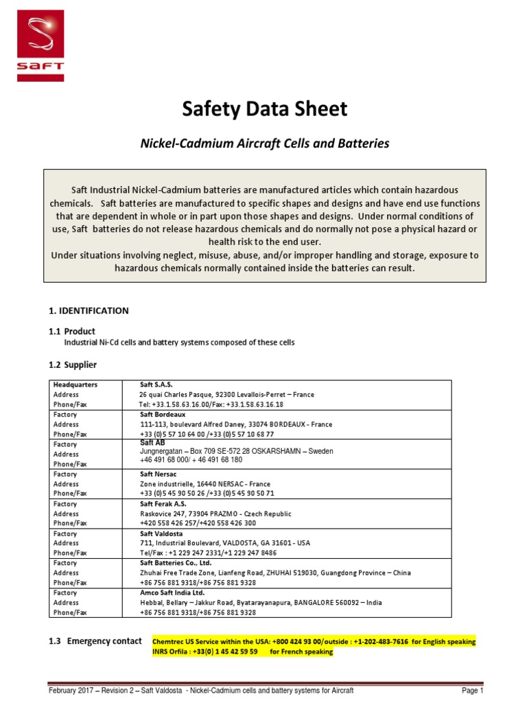 Safety Data Sheet NickelCadmium Aircraft Cells and Batteries PDF