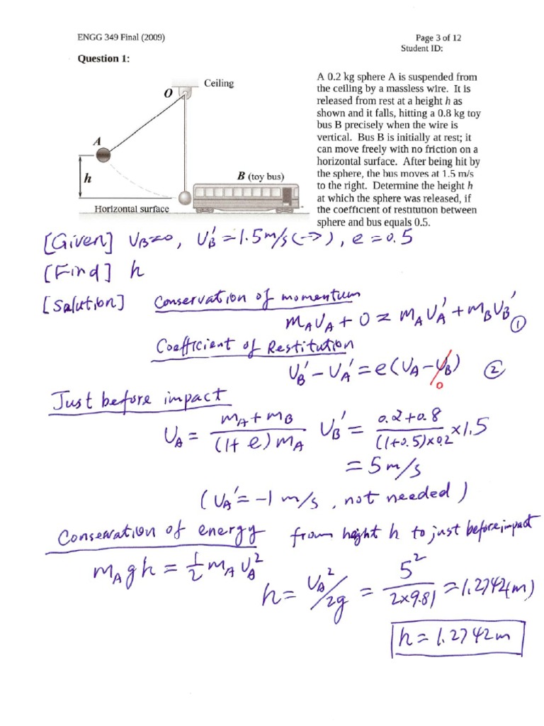 Engg 349 2009 Final Exam For Dyanmics With Solutions Uofc | PDF