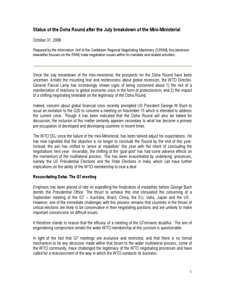 Special RNM Update (Status of The Doha Round After The July Breakdown ...