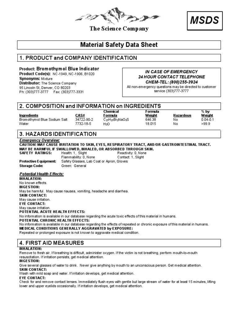 Bromothymol Blue Aqueous Msds Chemistry Materials