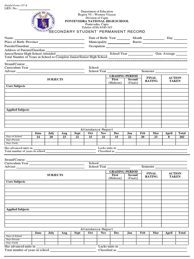 Deped Form 137 E Format K212 With Lrn Philippines Cognition Gambaran