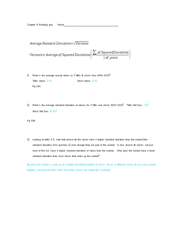 Chapter 11 Reading Quiz PDF Financial Risk Diversification (Finance)