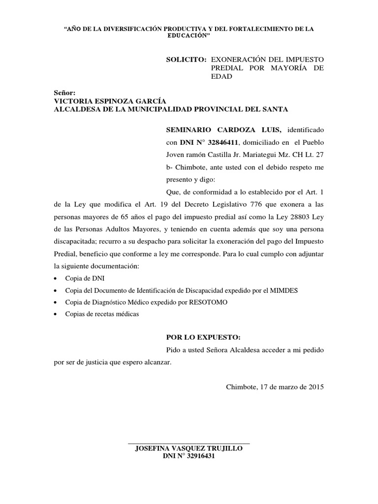 Solicitud de Exoneración Del Impuesto Predial Por Mayoría de Edad
