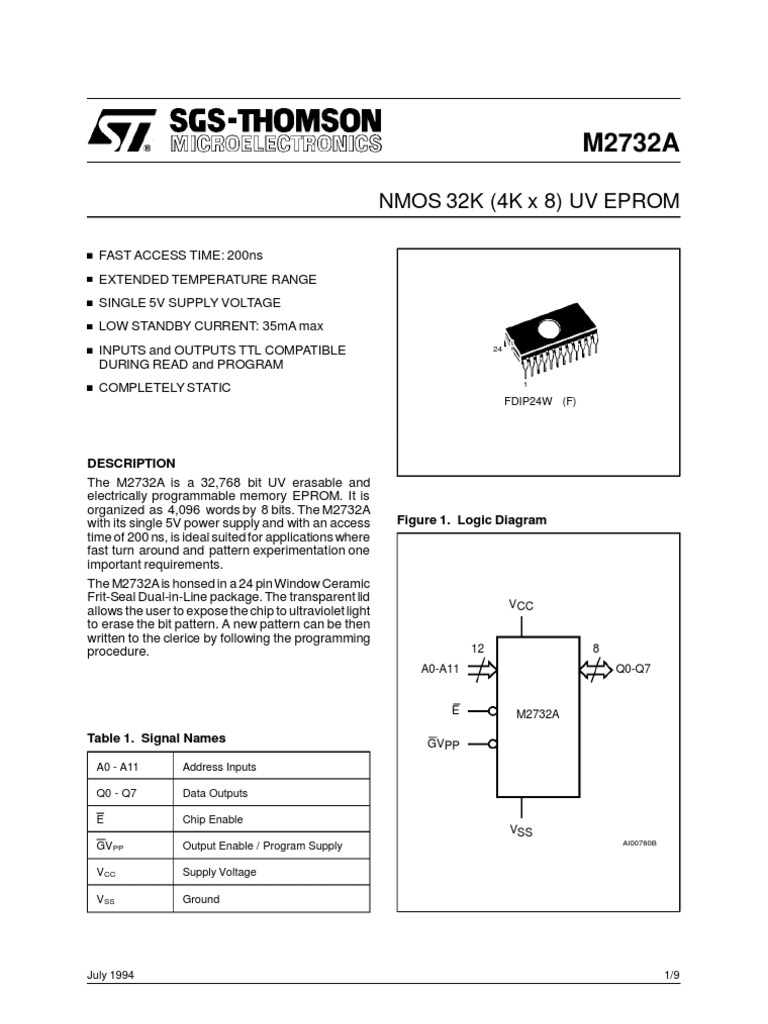 EPROM 4Kx8 NMOS ST Circuit Int&eacute;gr&eacute; M2732AF1 - M&eacute;moire EPROM UV 32K