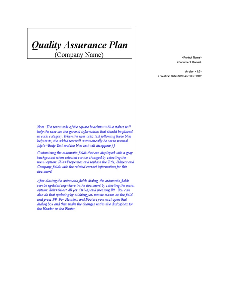 Quality Assurance Plan Template | PDF | Quality Assurance | Quality ...