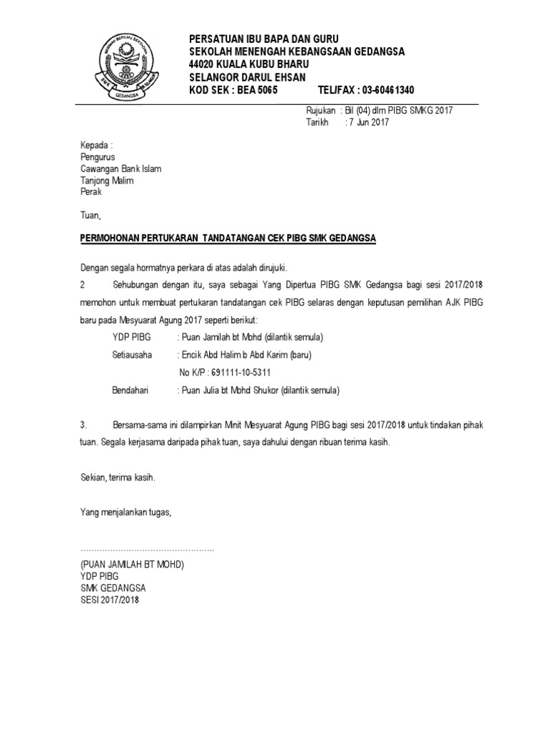 Surat Tukar Tandatangan Pibg Pdf