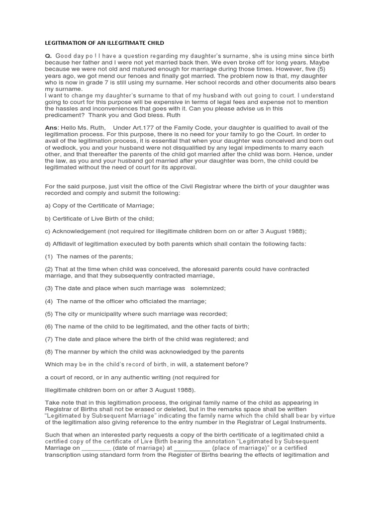 Legitimation of An Illegitimate Child PDF Legitimacy (Family Law
