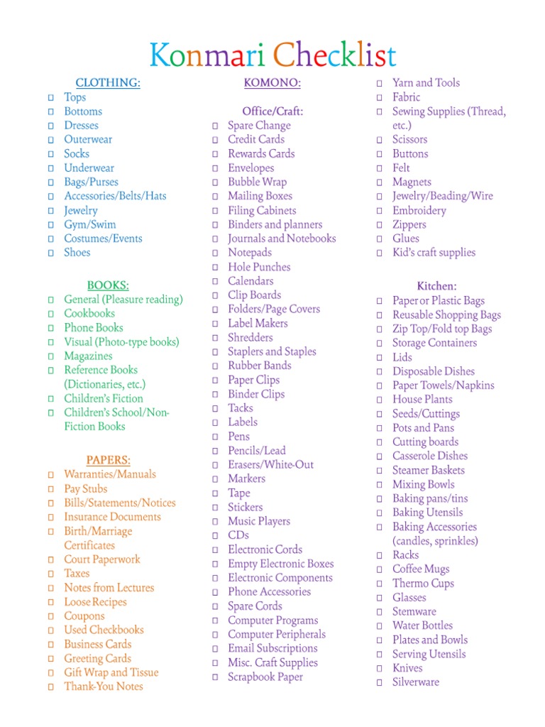 Colorful Konmari Checklist PDF | PDF for Free Printable Konmari Method Checklist