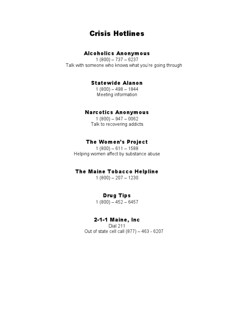 Crisis Hotlines | Download Free PDF | Substance Abuse | Substance ...