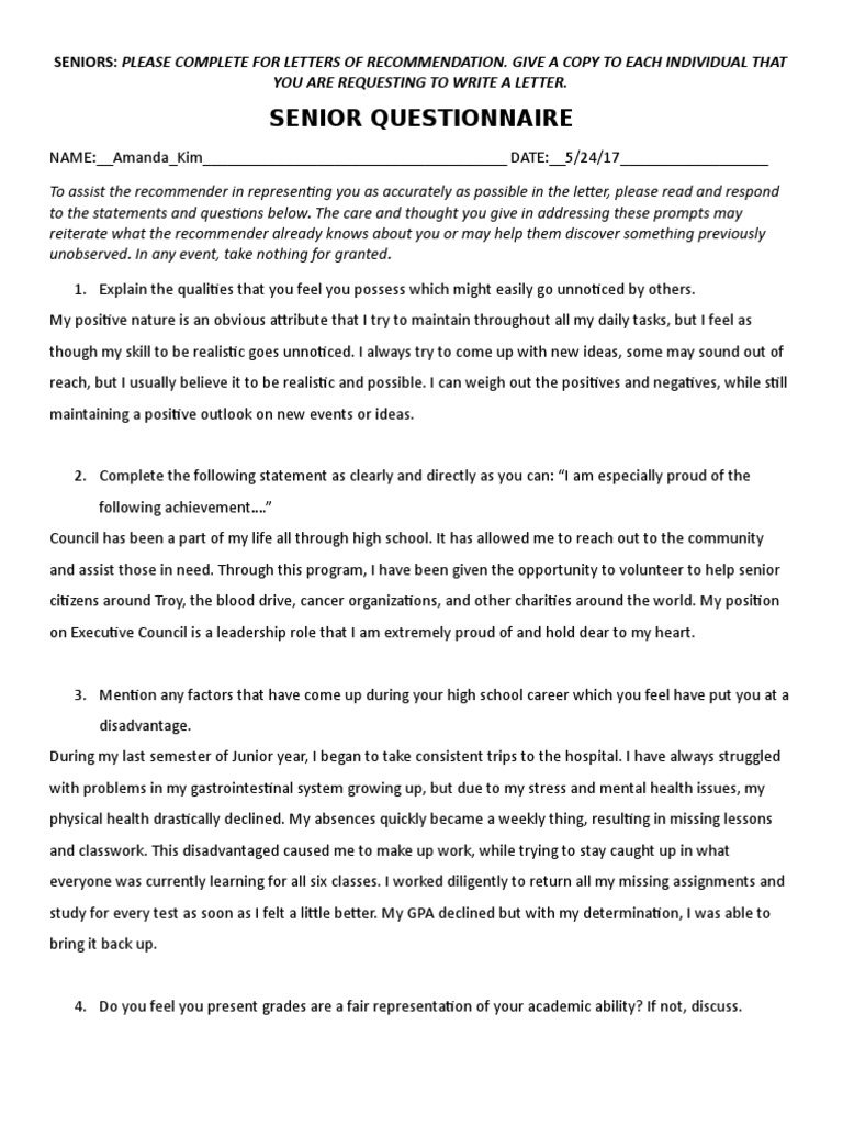 Senior Questionnaire | PDF | Leadership | Grading (Education)