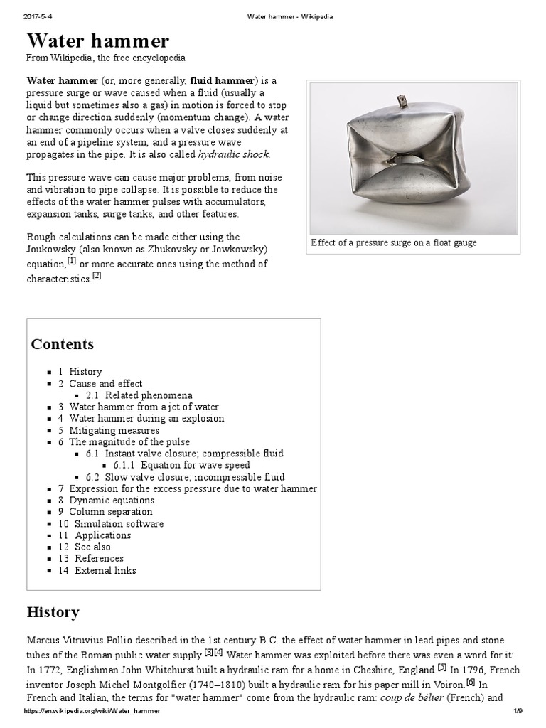 Water Hammer Wikipedia Fluid Mechanics Materials Science Free