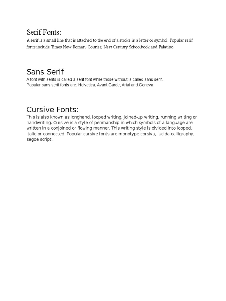 Types of Fonts: Serif, Sans Serif, Cursive | PDF