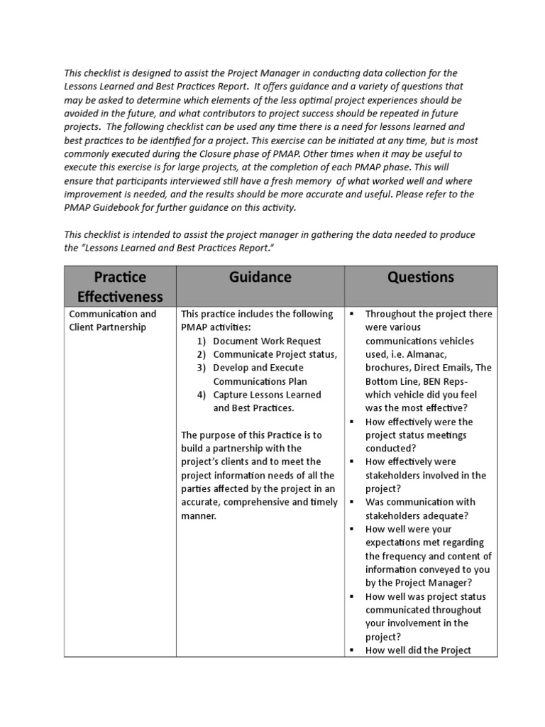 Lessons Learned Checklist | PDF | Project Management | Accountability