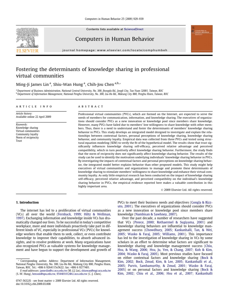 Determinants of Knowledge Sharing in PVCs | PDF | Trust (Emotion ...