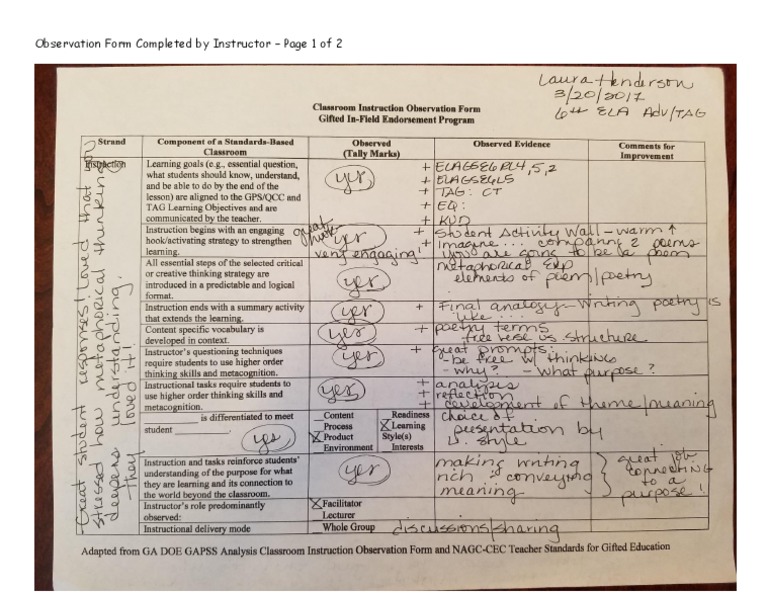 Observation - Instructor P 1 | PDF