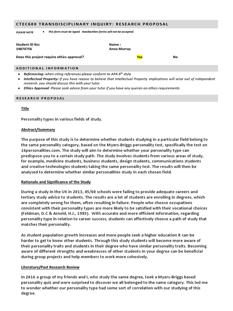 Research proposal on personality image