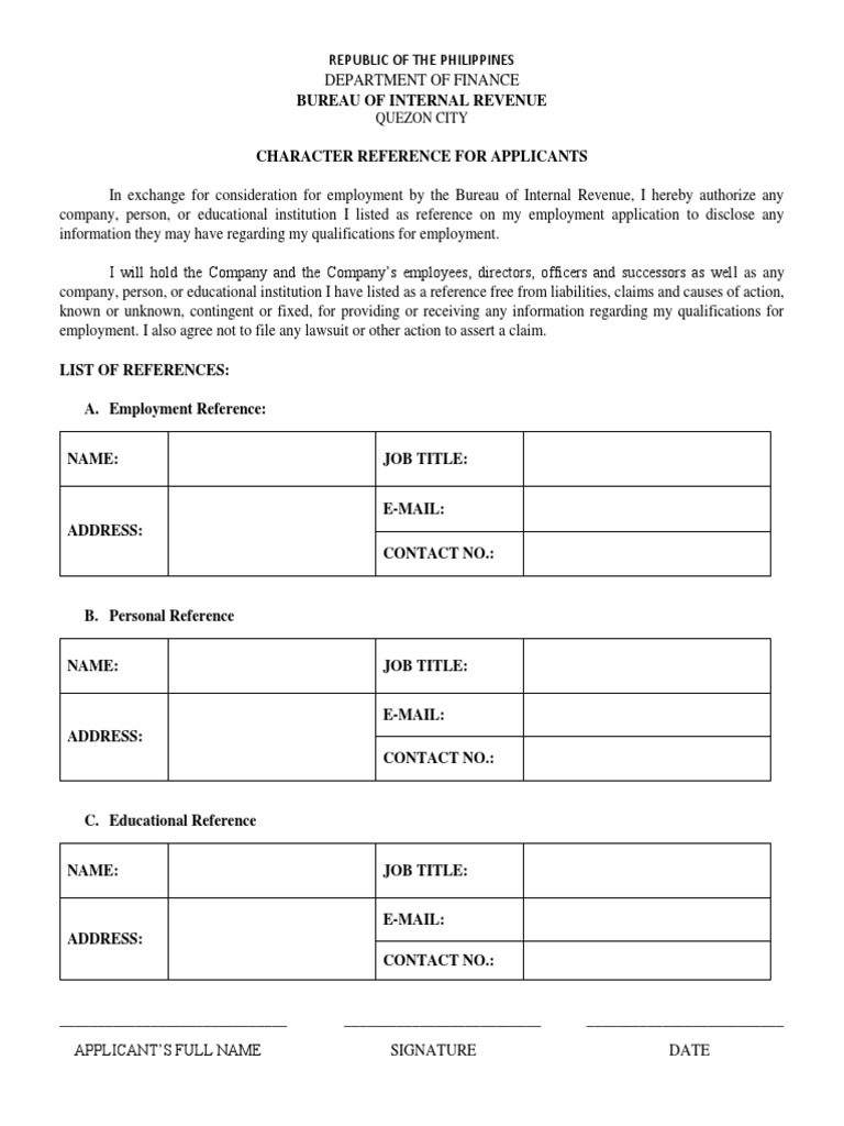 Character Reference Release Form | PDF