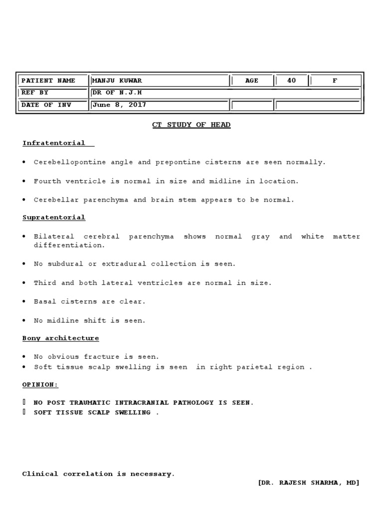CT Head Study Report for Manju Kuwar | PDF | Social Science | Wellness