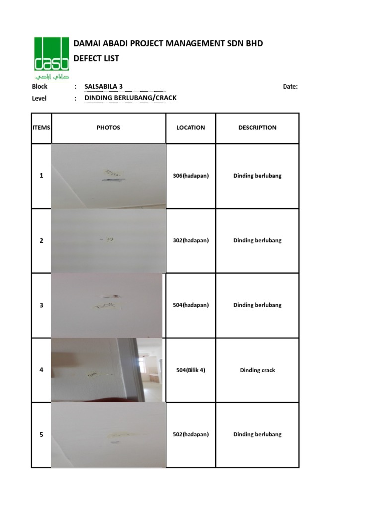 Damai Abadi Project Management SDN BHD Defect List: Salsabila 3 Dinding ...