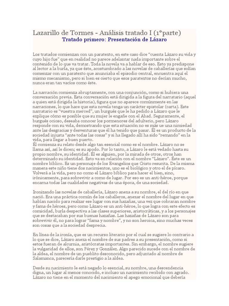 Lazarillo de Tormes - Análisis Tratado I (1°parte) Tratado Primero:  Presentación de Lázaro | PDF | Novelas | Bienaventuranzas