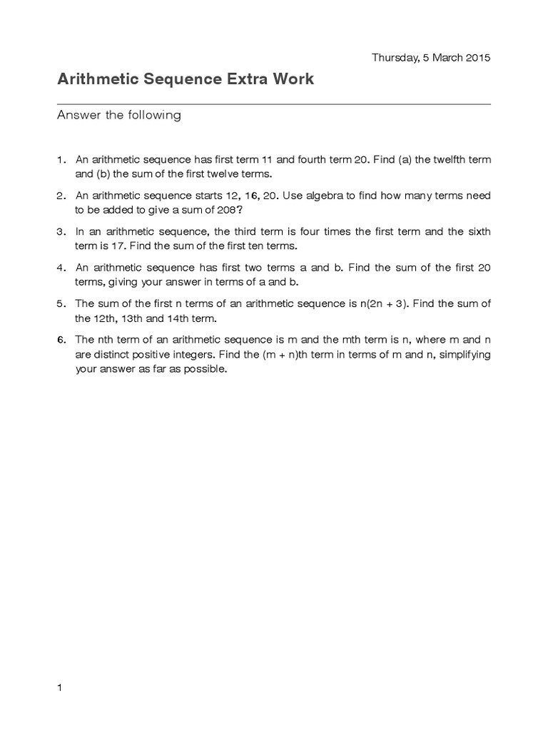 Arithmetic Sequence Problem Set | PDF | Sequence | Mathematical Structures