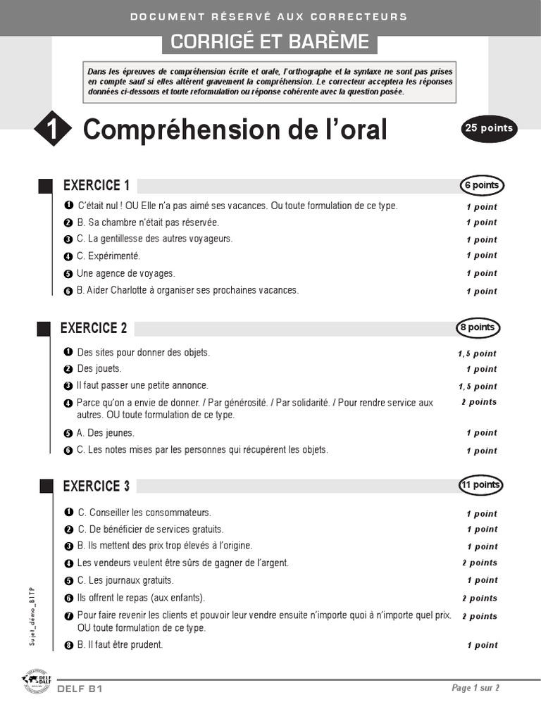 Delf Dalf b1 Tp Correcteur Sujet Demo