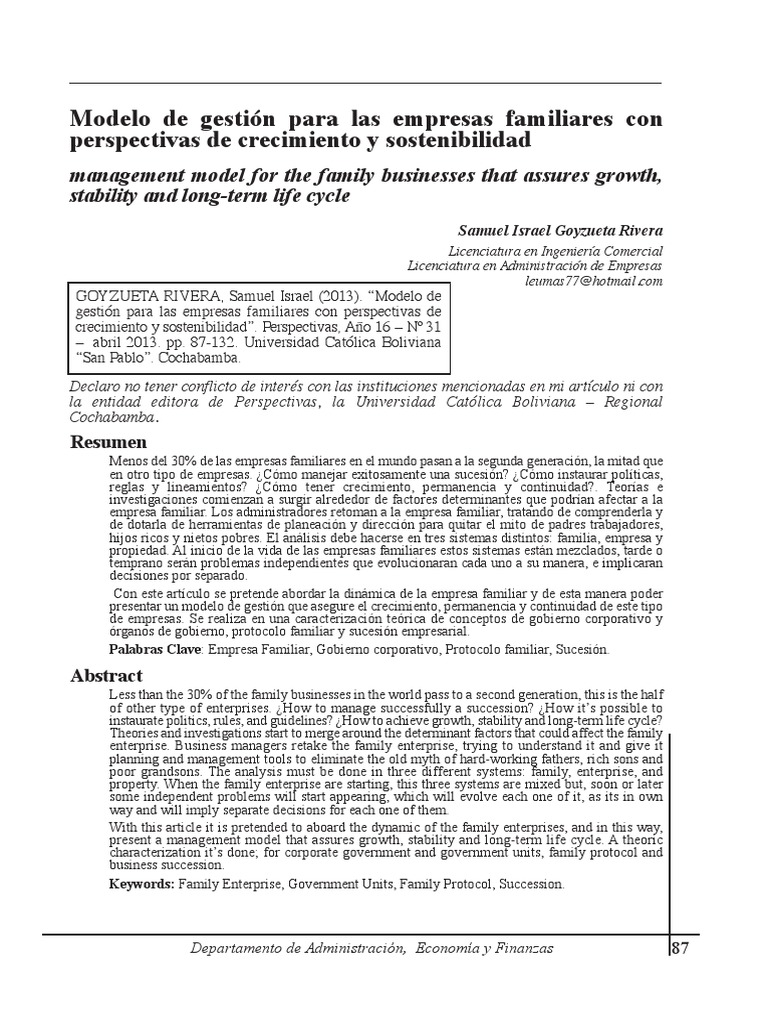 Modelo de Gestión para Las Empresas Familiares Con Perspectivas de ...