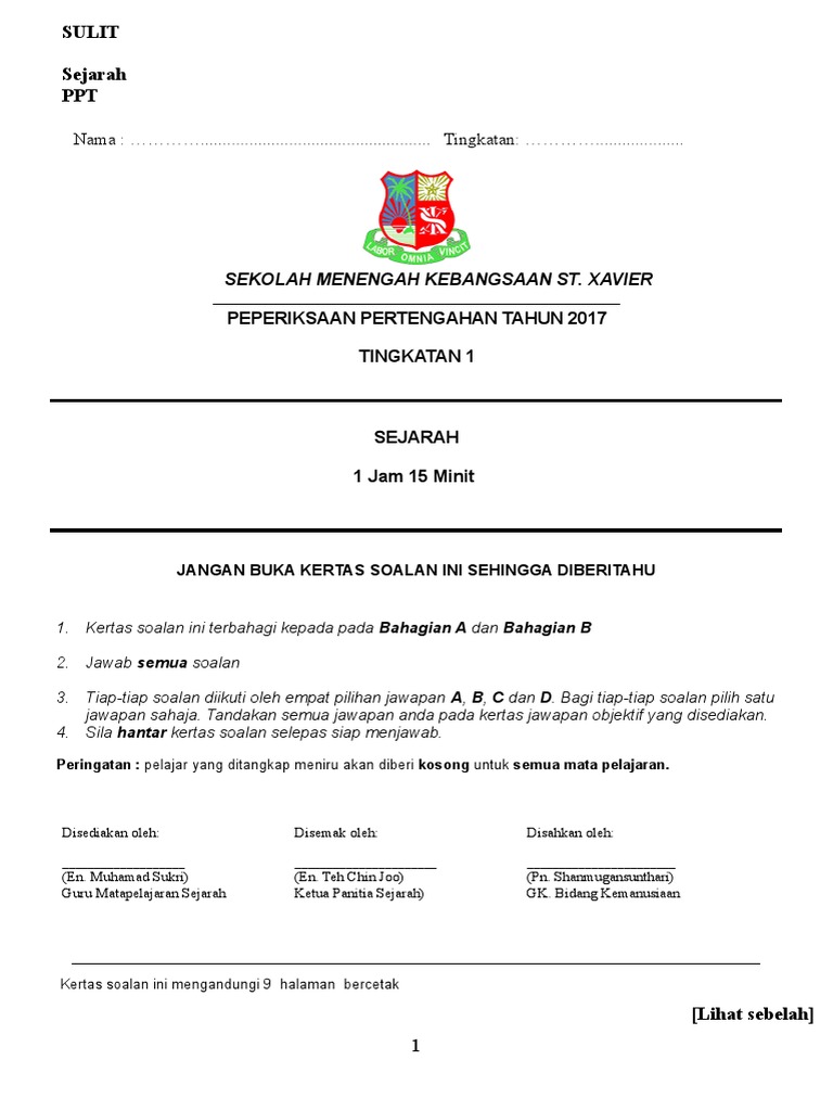 Peperiksaan Pertengahan Tahun Sejarah Tingkatan 1 2017