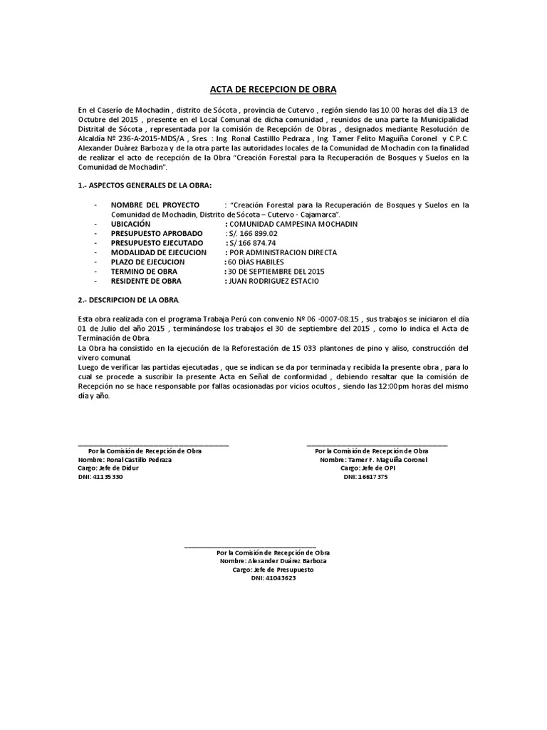 Acta de Recepcion de Obra  Agitación