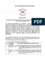 TCU Change of Procedure for Admissions to Undergraduate Programmes  for 2017/18 Academic Year.