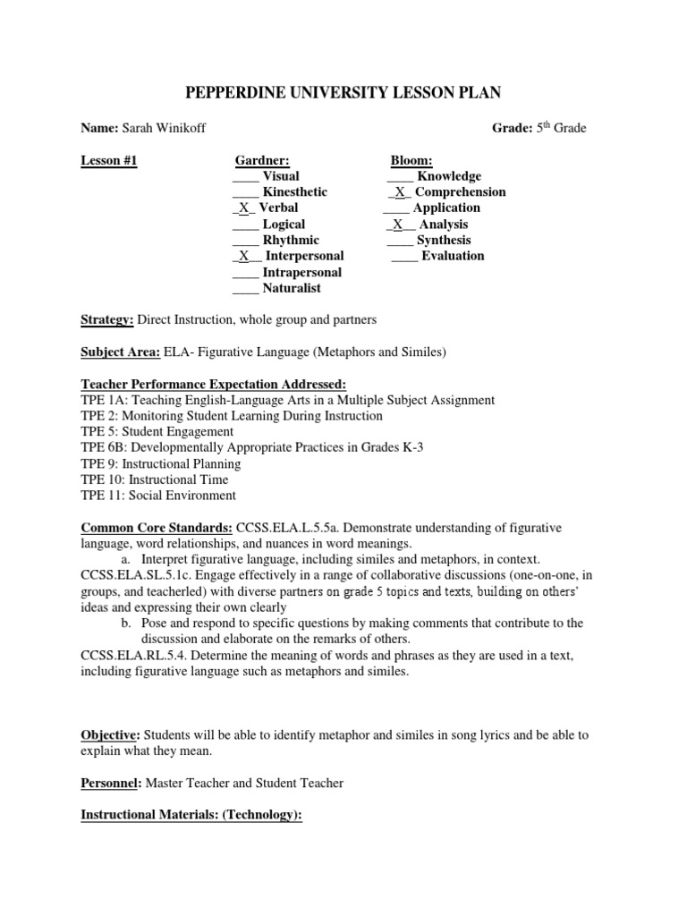worksheet Metaphor Worksheets For 5th Grade simile and metaphor lesson plan plan