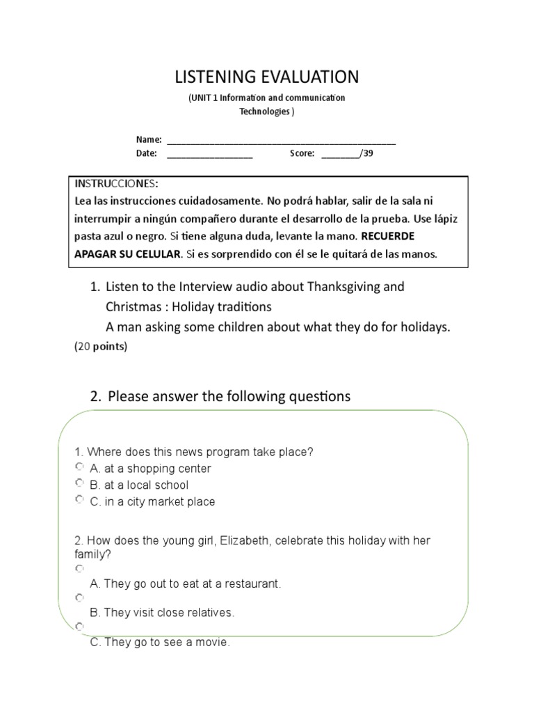 Listening Evaluation: Holiday Traditions | PDF | Christmas | Leisure