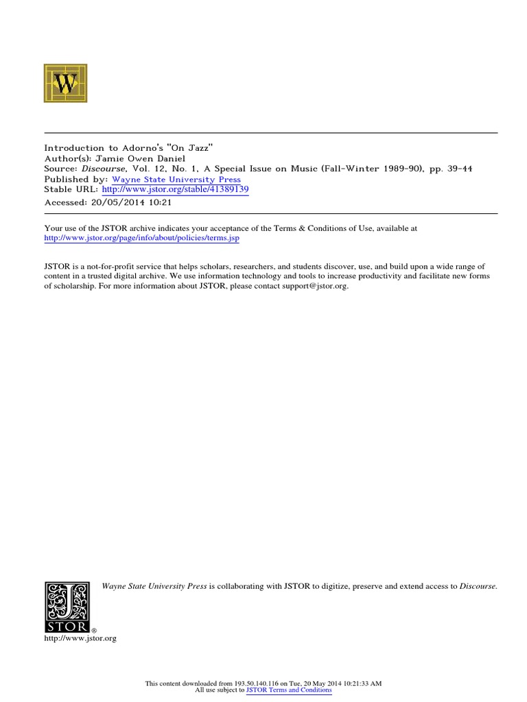 Adorno On Jazz PDF Theodor W. Adorno
